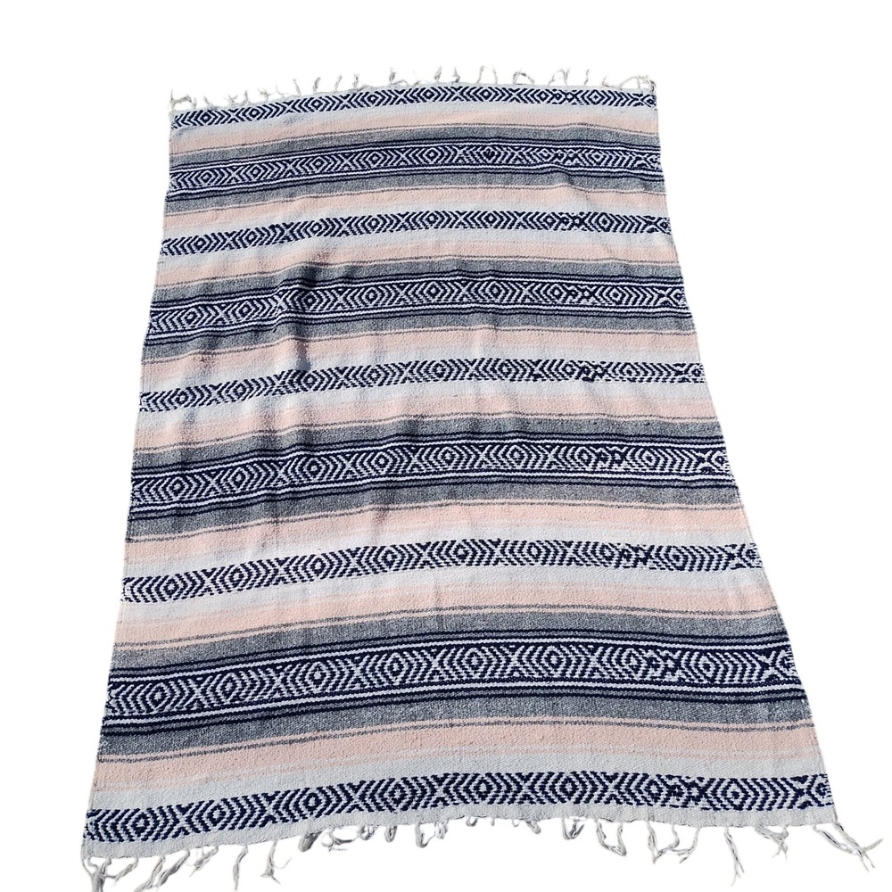 Southwestern Style Blanket Throw 62x42 Mexican Serape Pink Gray Navy Blue Fringe
